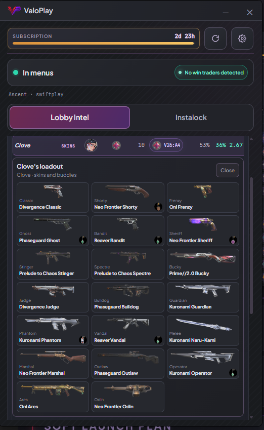 ValoPlay lobby and loadout view